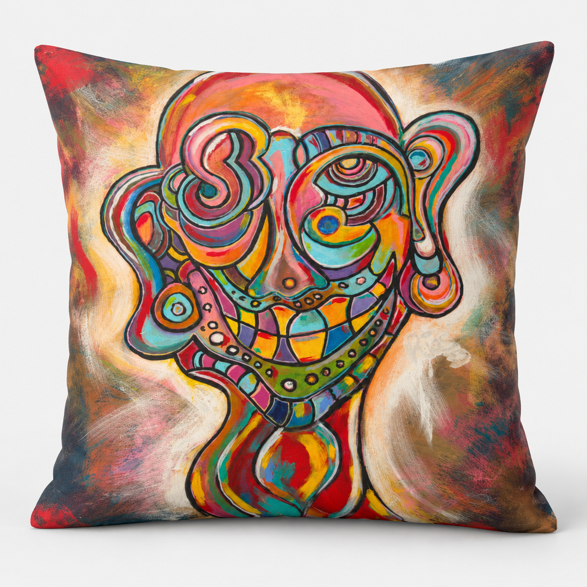 Square cushion mockup featuring David Rios’s colourful Dionysus artwork on a light grey background.