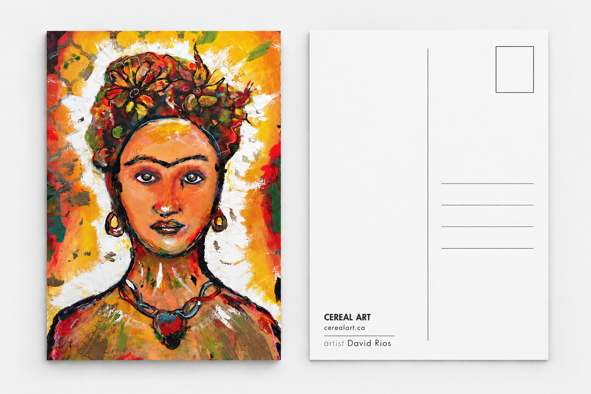 Frida Kahlo art postcard by Cereal Art beside its mailing side, with address lines and the tagline are you cereal?
