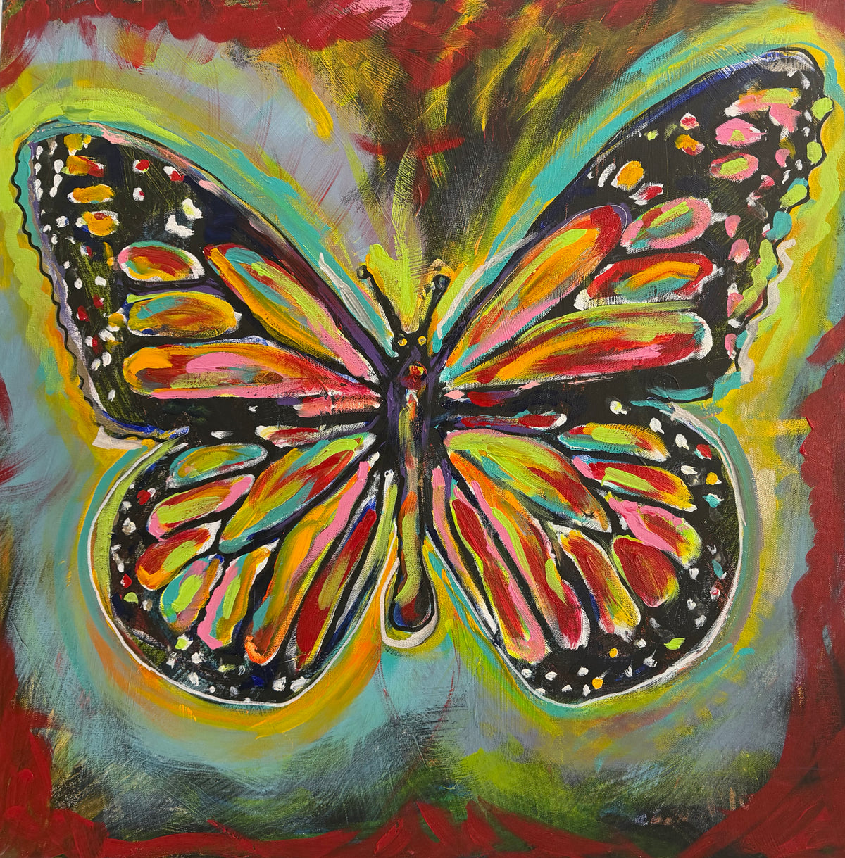 La Reina Sance symbolic butterfly character painting by David Rios