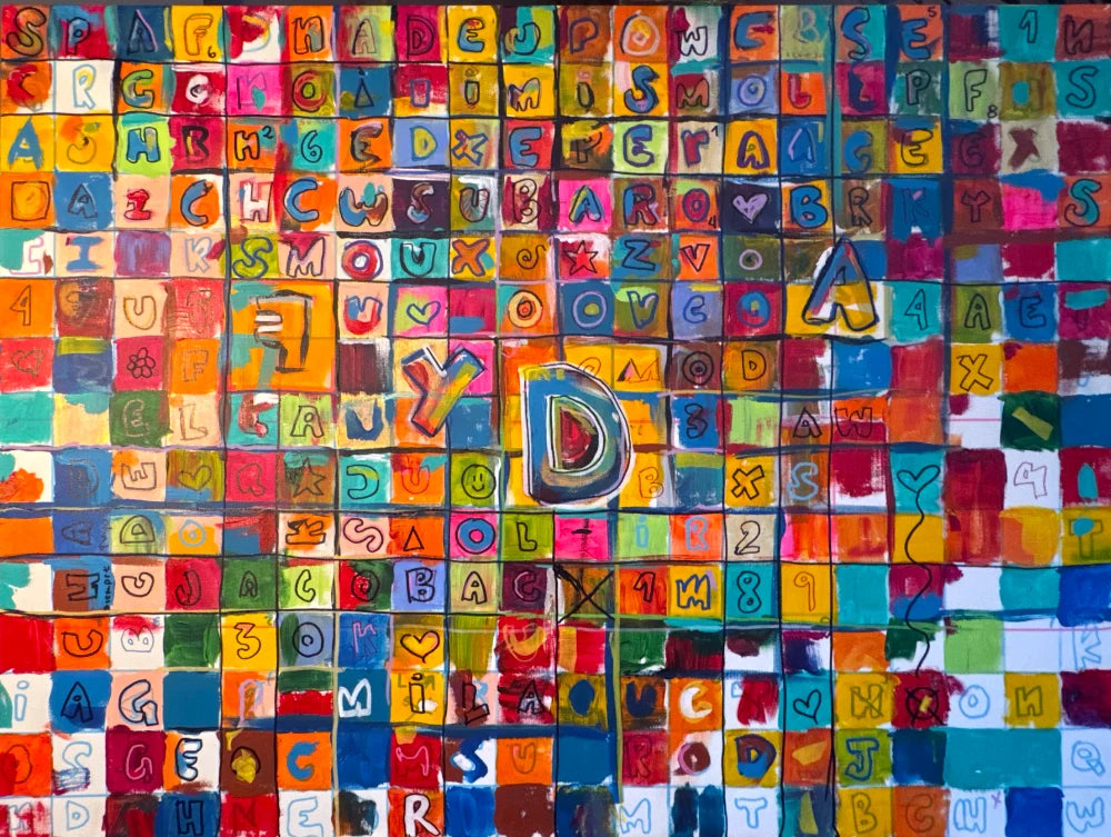 Sopa de Letras colorful abstract word and symbol painting by David Rios