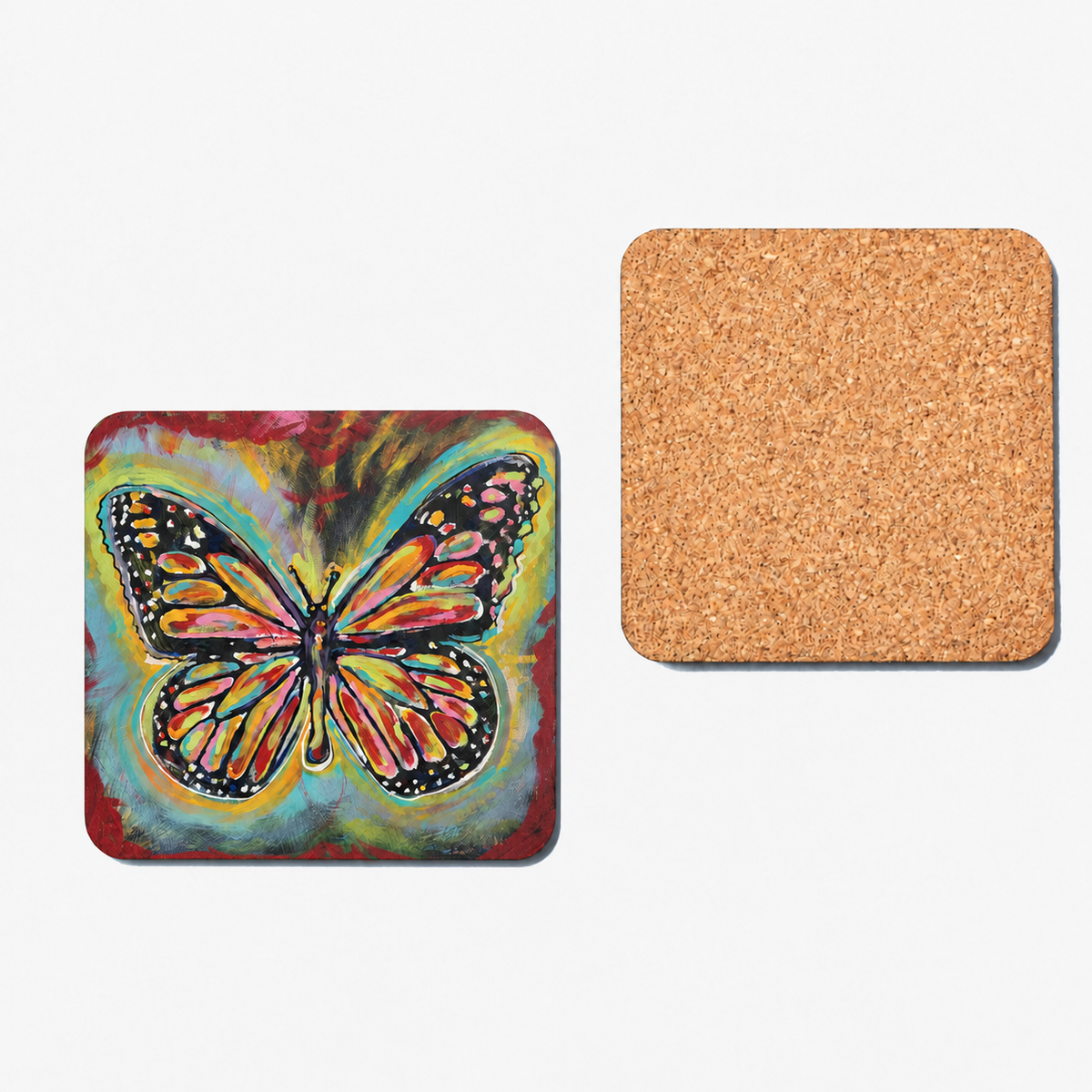Cereal Art butterfly coaster featuring La Reina Sance artwork, shown beside its cork backing.