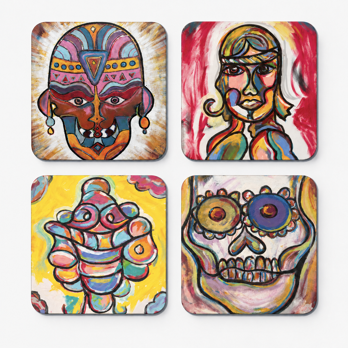 Four Cereal Art coasters featuring El Chaman, El Profesor, El K-TER Pill and La K-Trina artwork.
