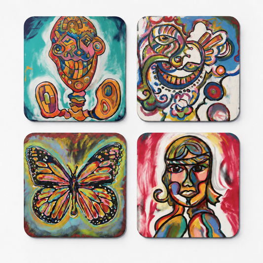 Four Cereal Art coasters featuring Le Golliath, El Janus, La Reina Sance and El Profesor artwork.