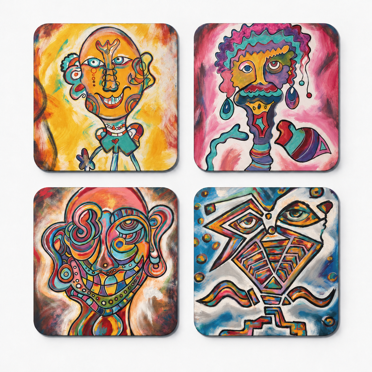 Four Cereal Art coasters featuring El Momo Ney, El Bailarin, El Dion y Sus and Le Mon Stereo artwork.