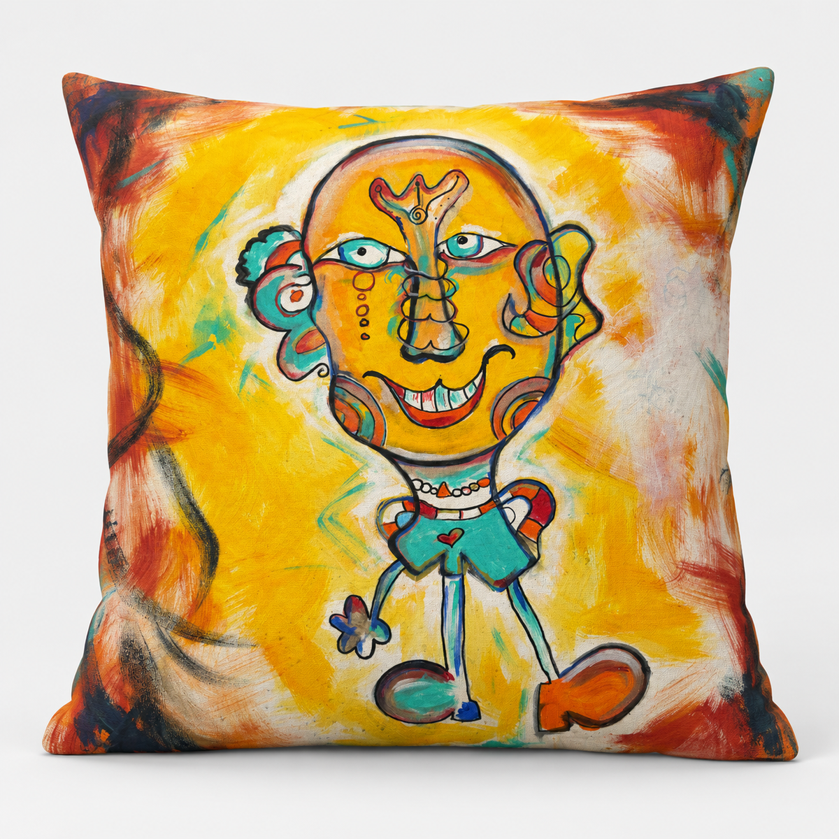 Square cushion mockup featuring David Rios’s El Momo Ney artwork with a golden yellow background.