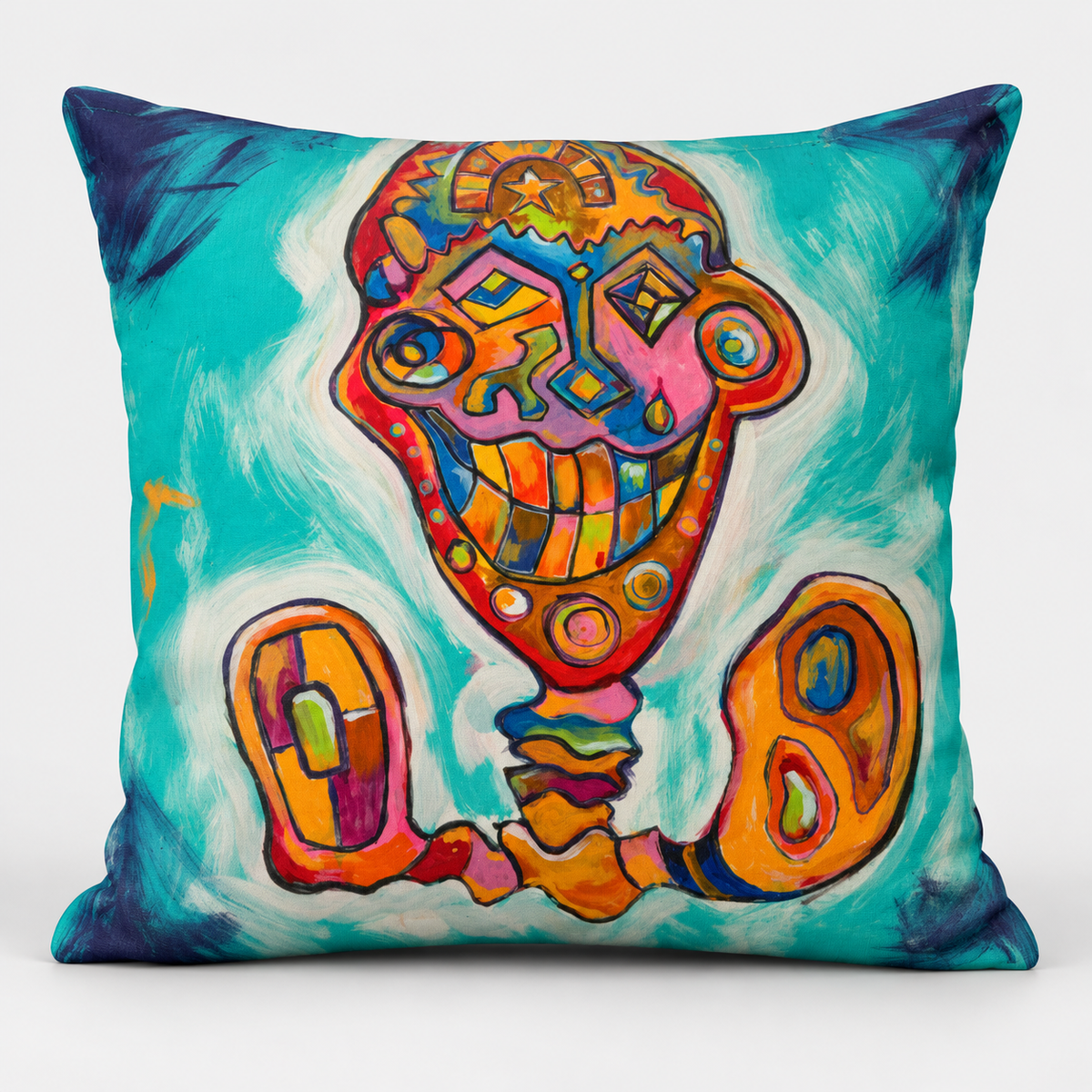 Square cushion mockup featuring David Rios’s Goliath artwork in turquoise and multicoloured tones.