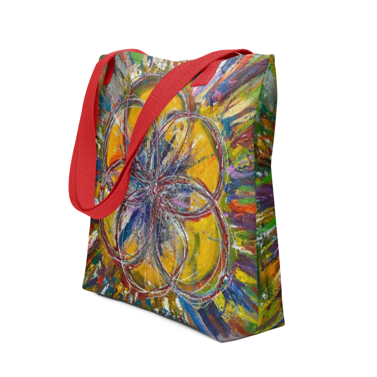 Back view of a Cereal Art tote bag featuring Flower of Life artwork.
