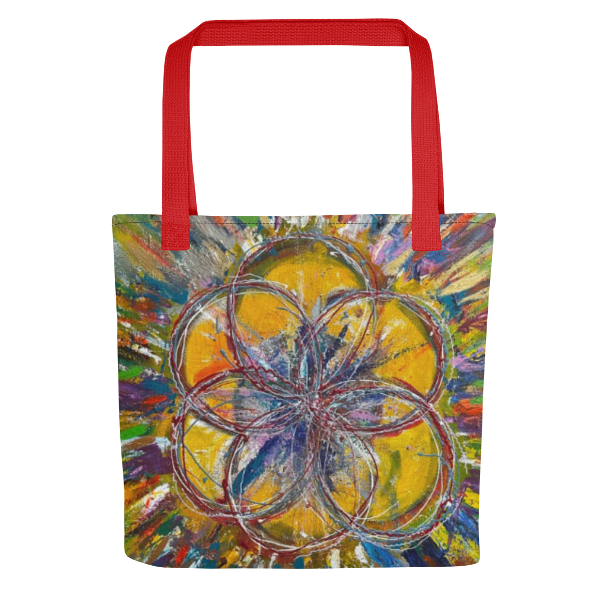 Front view of a Cereal Art tote bag featuring Flower of Life artwork.