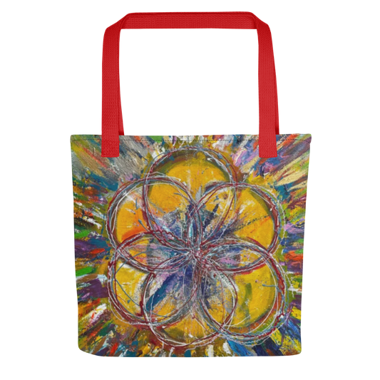 Front view of a Cereal Art tote bag featuring Flower of Life artwork.