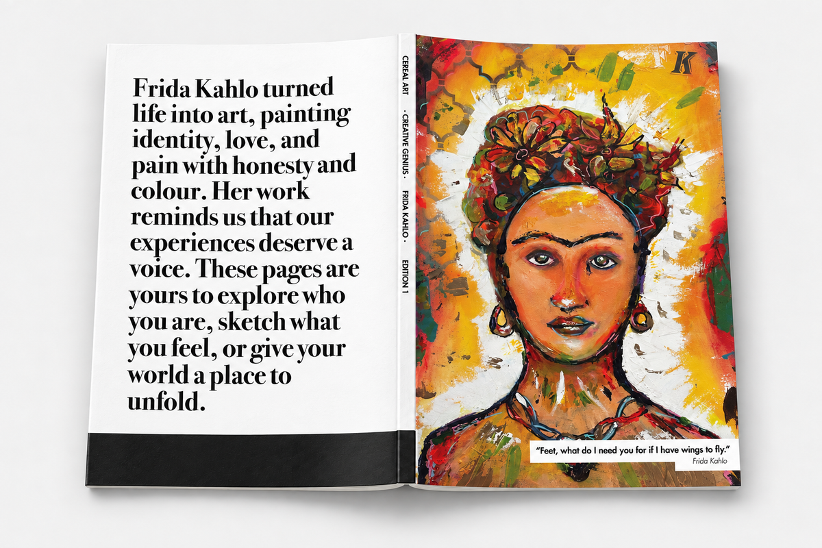 Frida Kahlo Creative Genius notebook by Cereal Art, showing the front cover, spine and back cover.