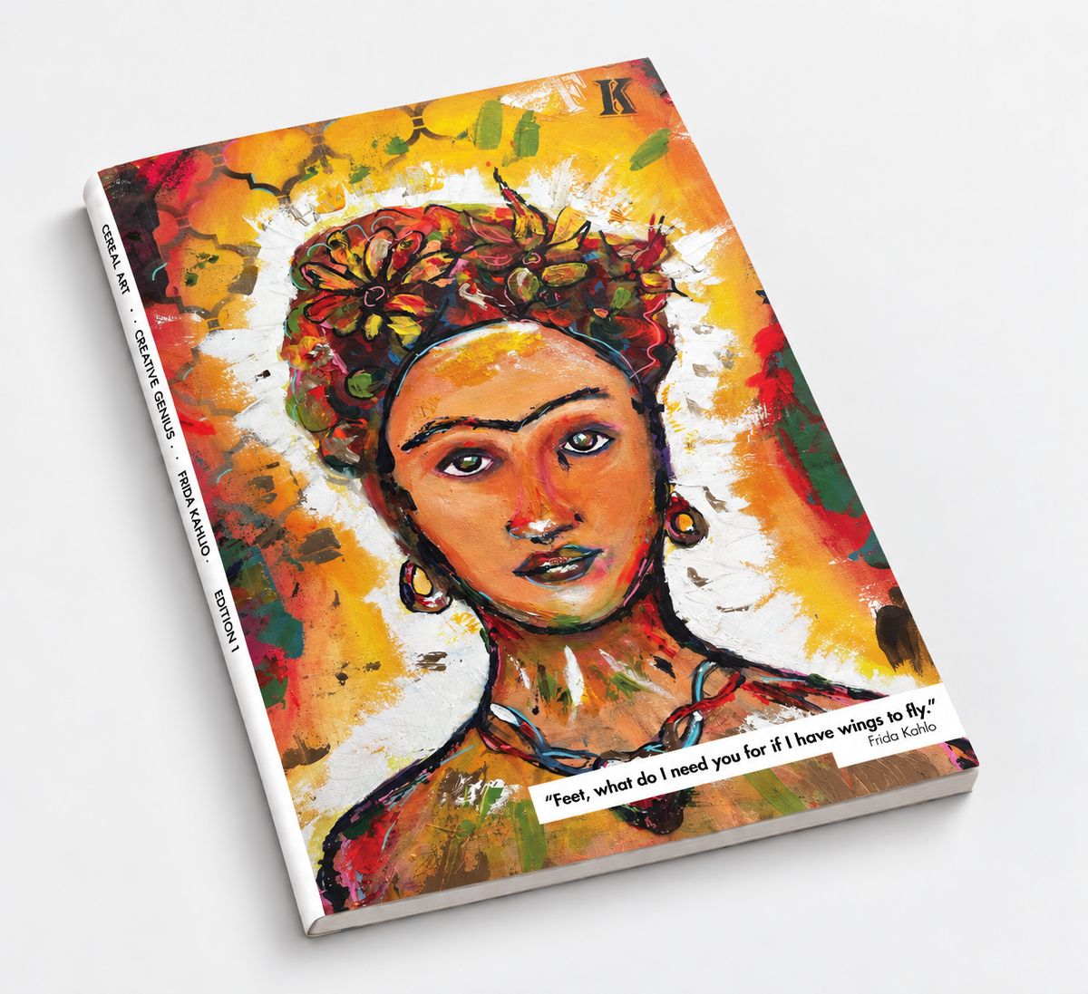 Frida Kahlo Creative Genius notebook by Cereal Art, front cover shown at an angle.