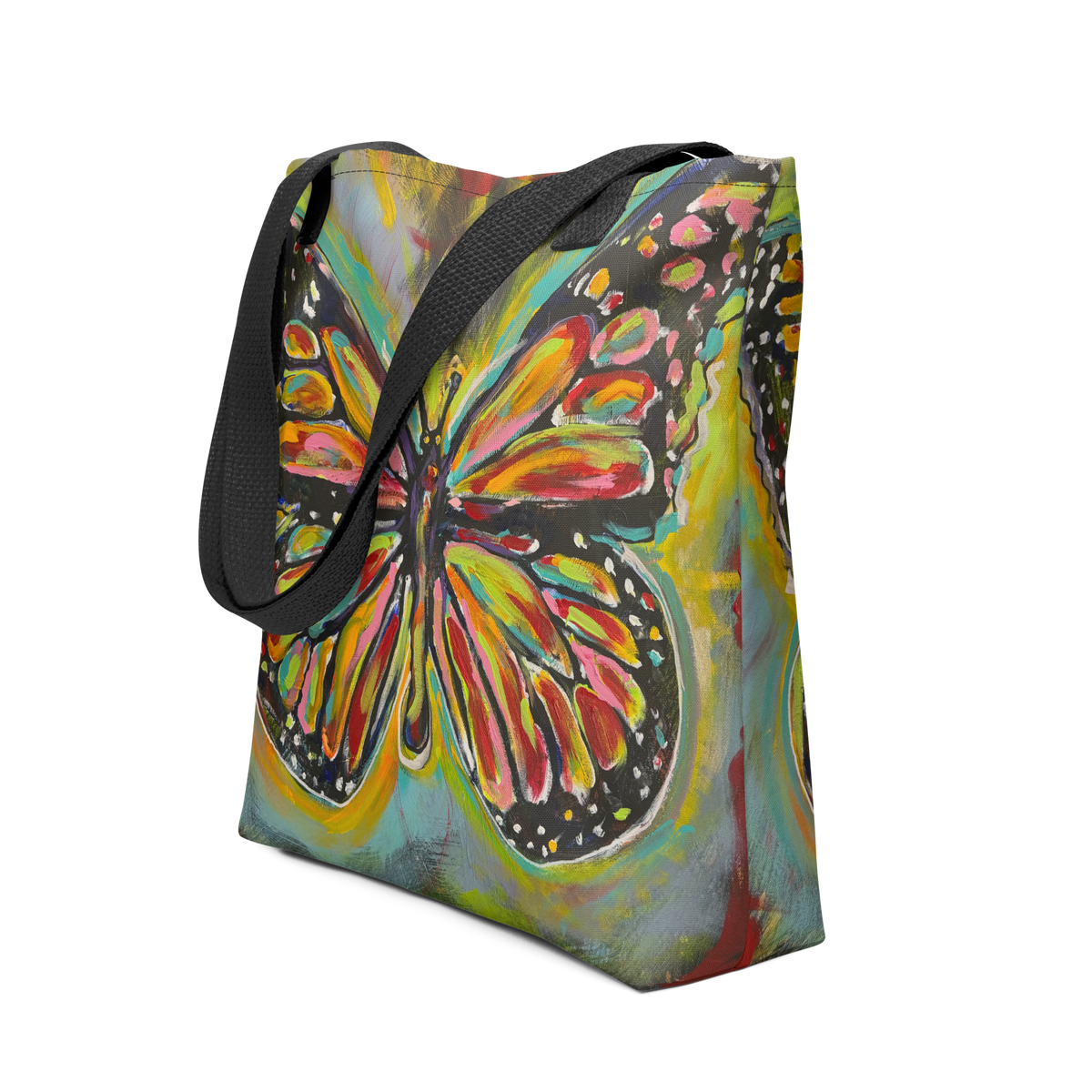 Back view of a Cereal Art tote bag featuring La Reina Sance butterfly artwork.