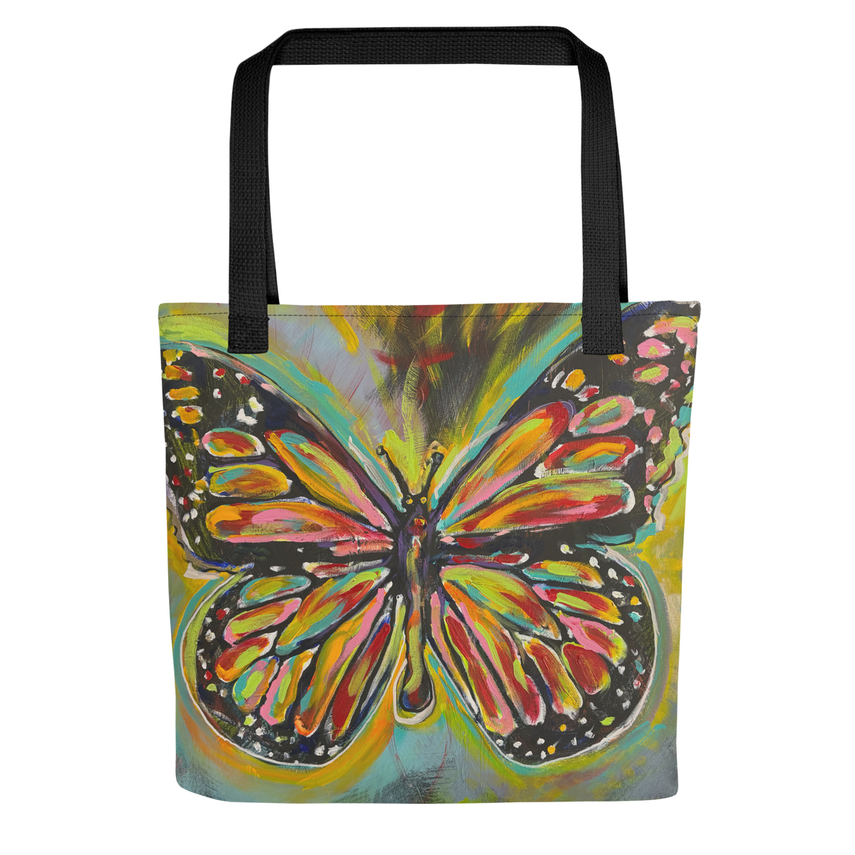 Front view of a Cereal Art tote bag featuring La Reina Sance butterfly artwork.