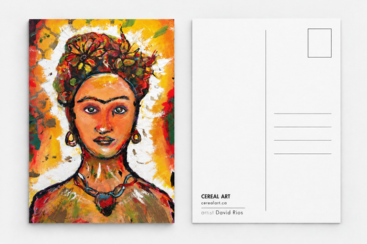 Frida Kahlo art postcard by Cereal Art beside its mailing side, with address lines and the tagline are you cereal?